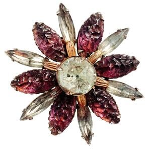Vintage Mid Century Lava Glass Brooch Purple Clear Marquise Flower Starburst Pin
